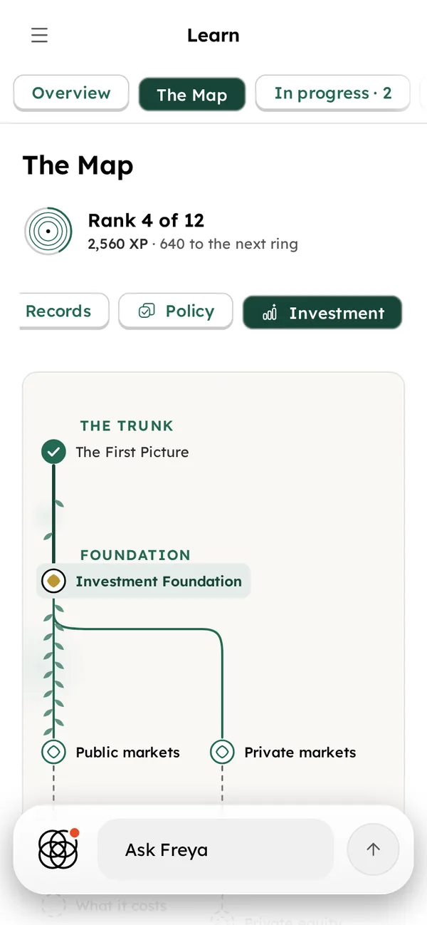 The Map in the Finna app on a phone: the trunk, the Investment Foundation certificate earned and the next two paths open