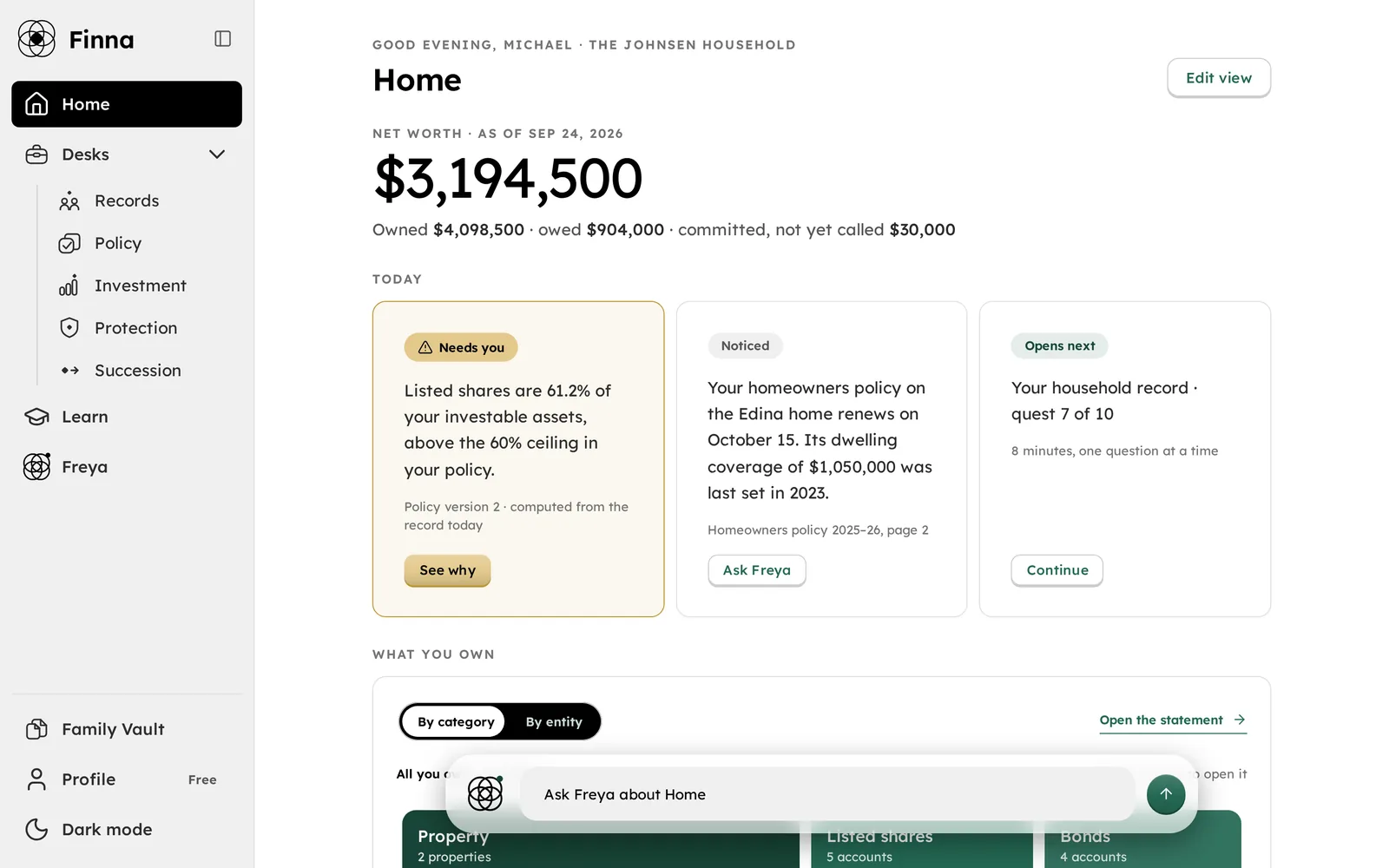 Home in the Finna app for a sample household: net worth, what needs attention today and what the household owns