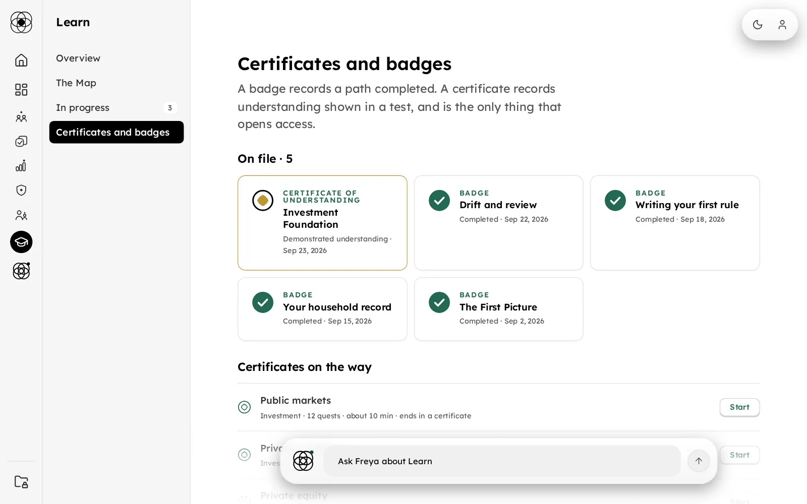 Certificates and badges in the Finna app: the Investment Foundation certificate and four badges, then the certificates still on the way