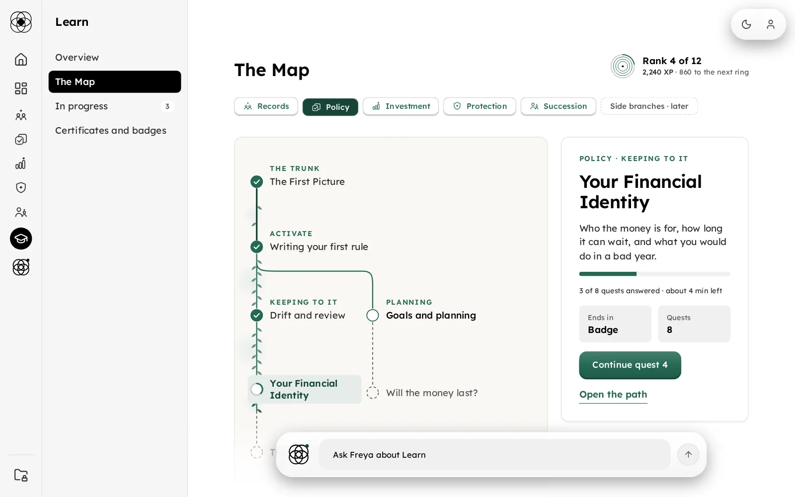 The Map in the Finna app with Your Financial Identity selected: who the money is for, how long it can wait and what you would do in a bad year, three of eight quests answered