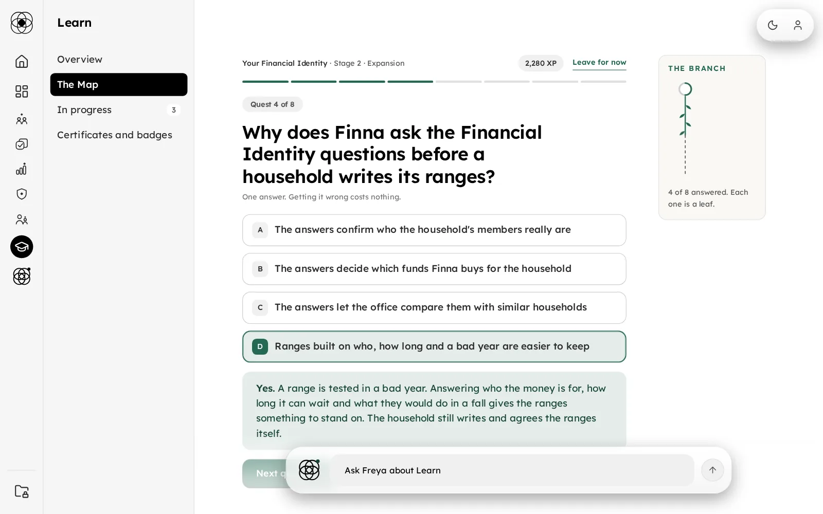 A quest in the Finna app: a question about the household's Financial Identity, answered, with the reason and the branch beside it