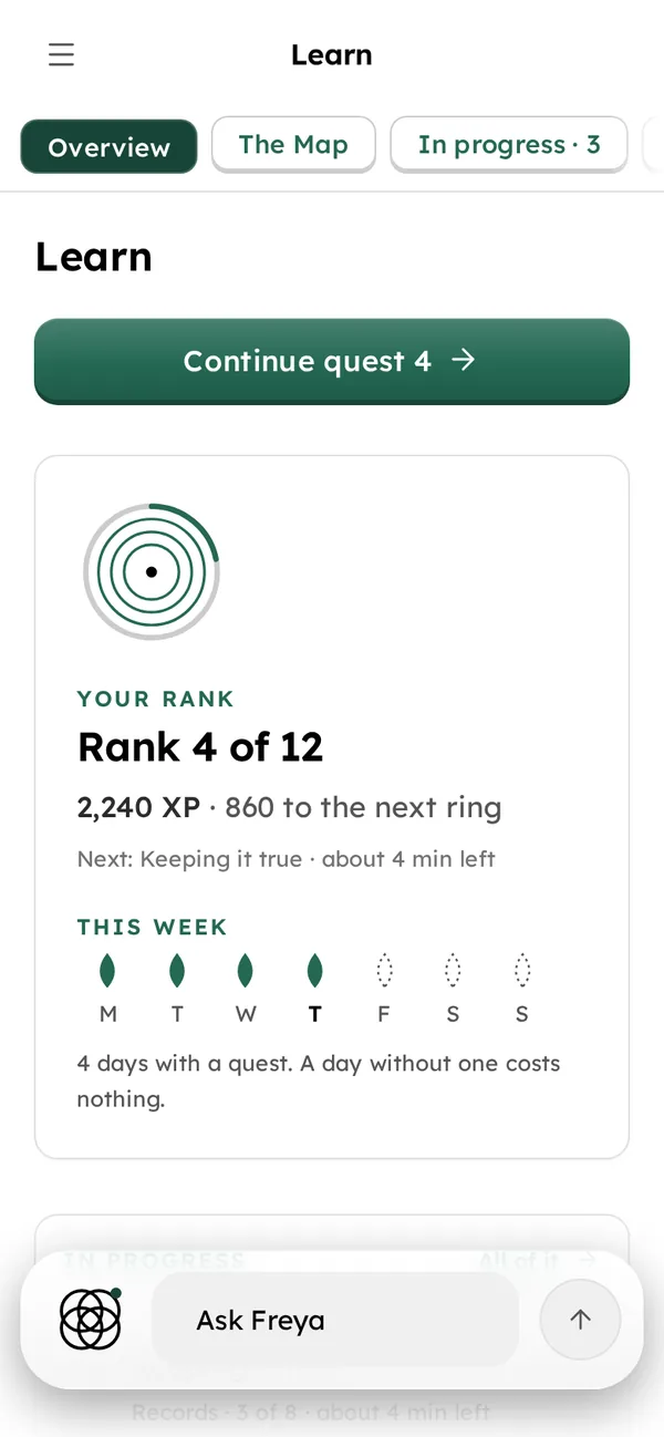 Learn on a phone: the household's rank as growth rings, and the week