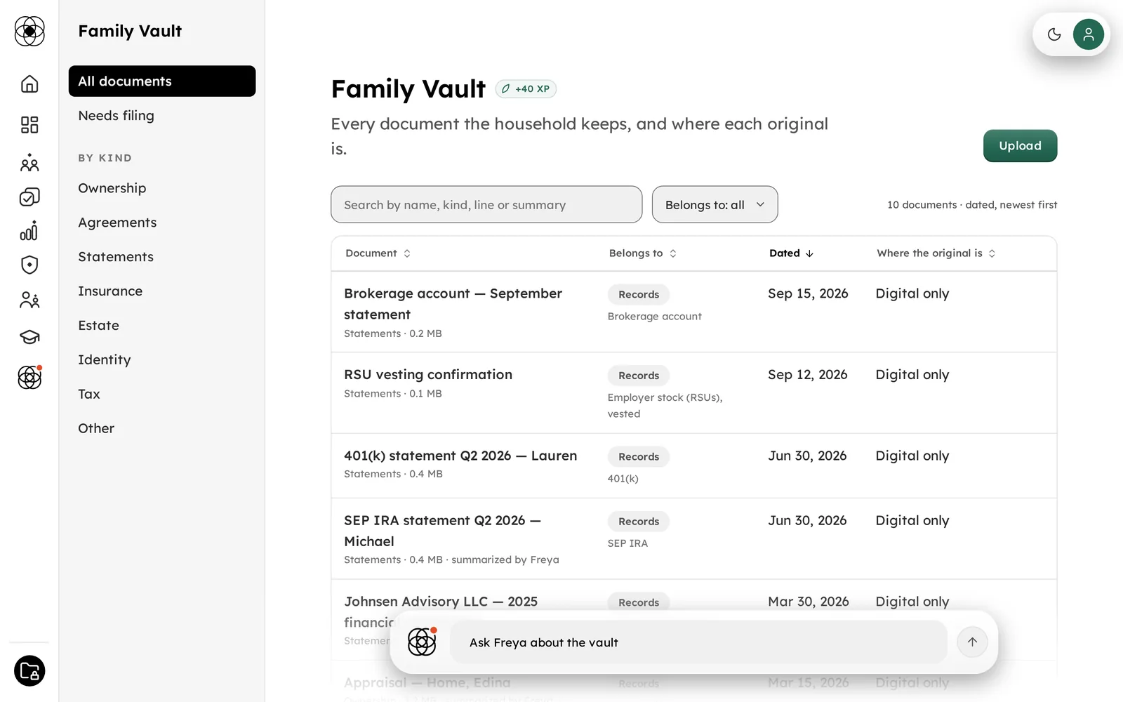 The Family Vault in the Finna app, every document and where the original is